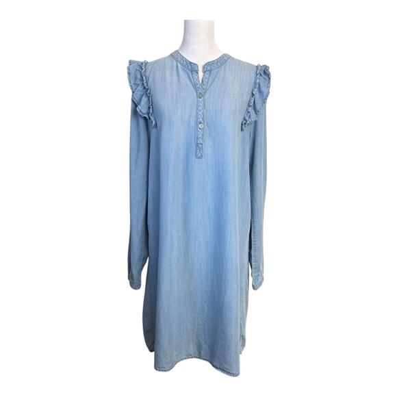 Anthropologie Cloth And Stone Shirt Dress Medium Blue Chambray Ruffle Boho Chic - Picture 1 of 13